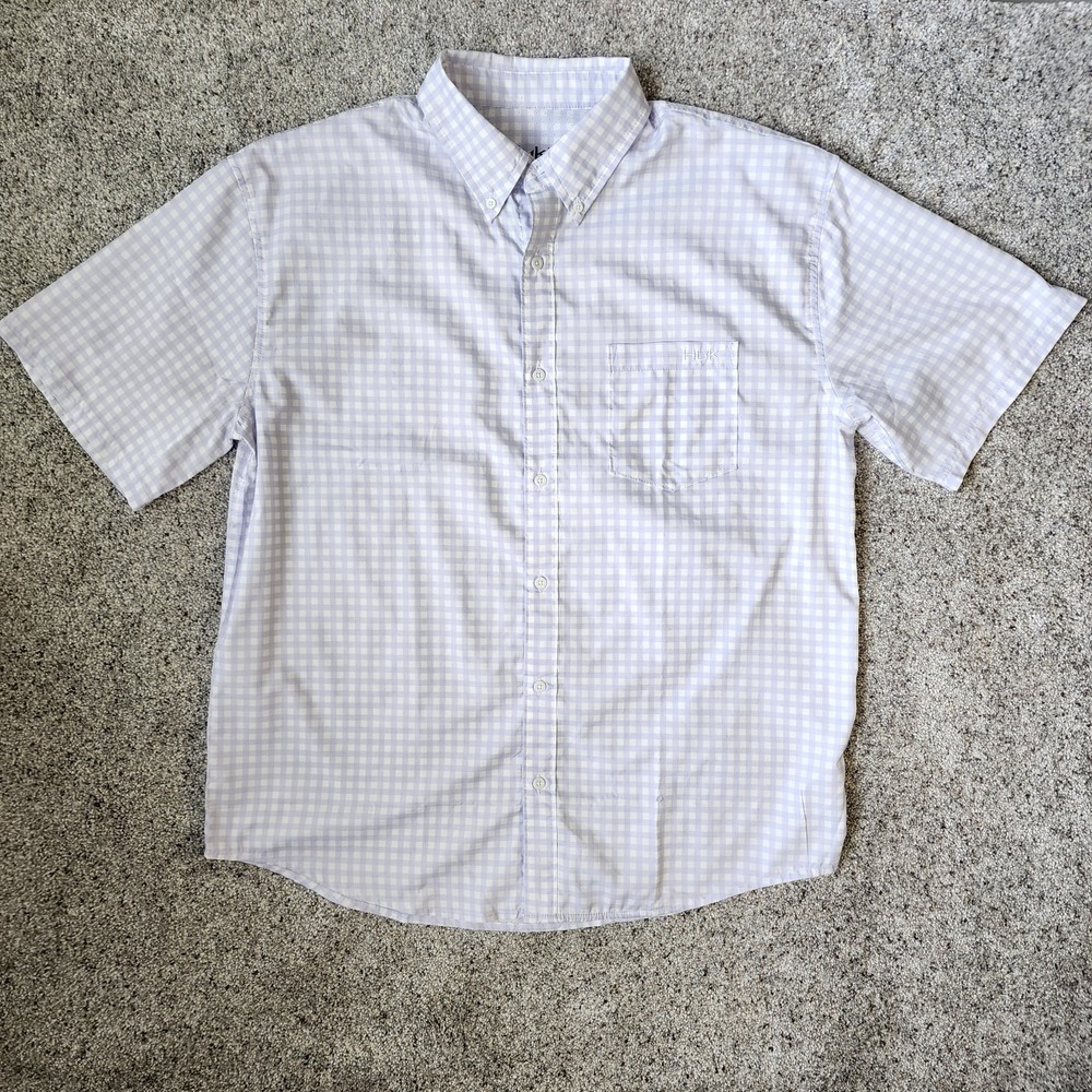 Huk Fishing Mens Teaser Gingham Plaid Short Sleeve Shirt Lilac Vented Size L